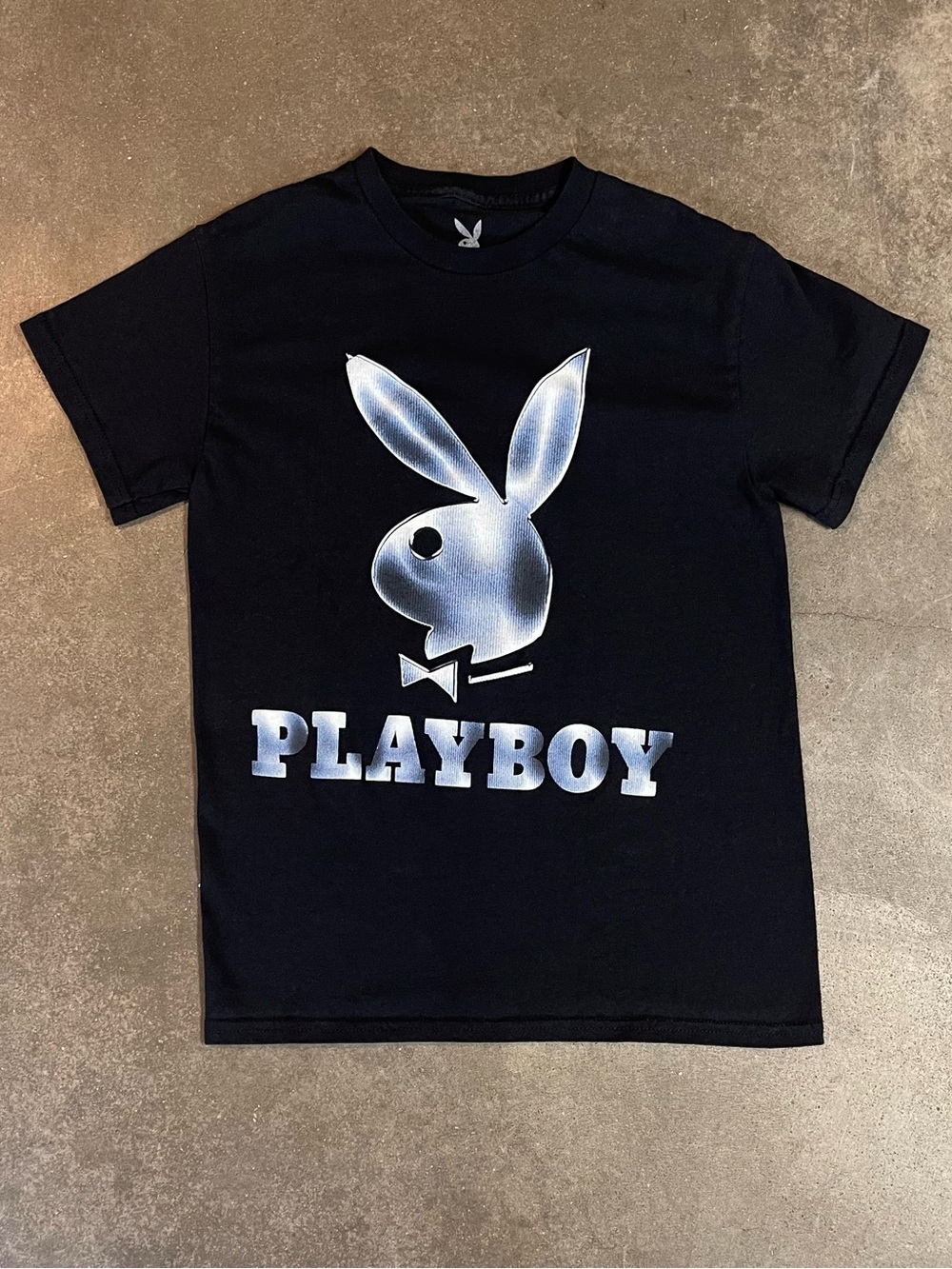 Playboy Bunny Logo Graphic T Shirt Black Metallic Blue Y2K Tee